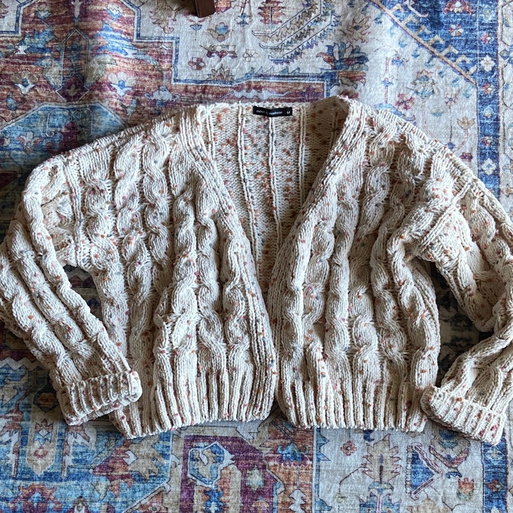 moon & madison Cable Knit Cardigan in Cream and Tan